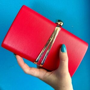NWOT Red Hard-Sided Clutch w/ Gold Accents & Optional Chain Strap